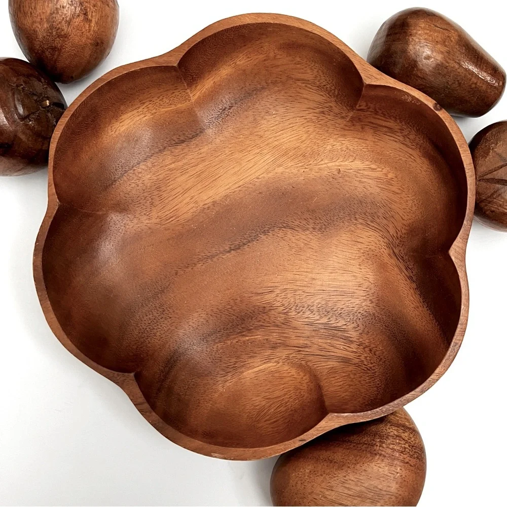 Vintage MCM Genuine Monkey Pod Wooden Bowl with 5-Piece Wood Fruit Home …